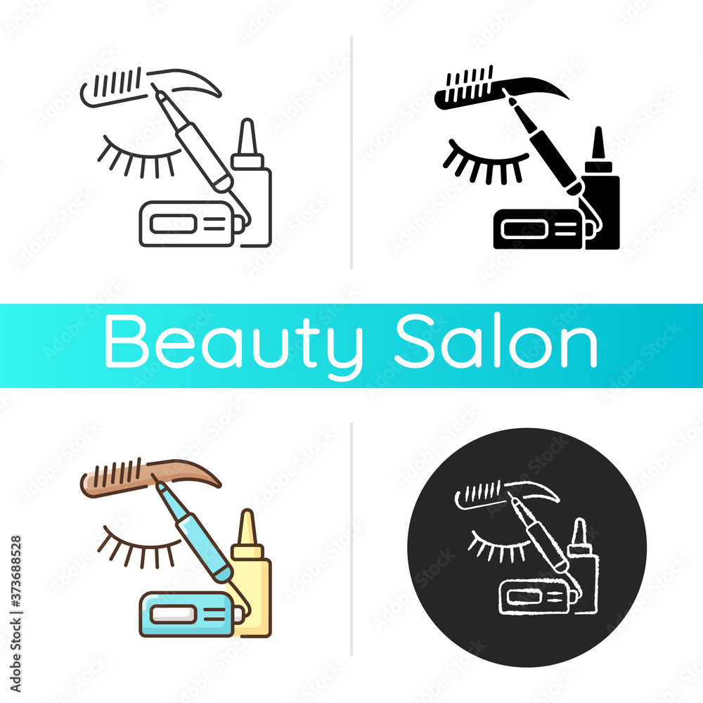 Microblading icon. Brows shaping and grooming. Eyebrows tattooing. Semi permanent makeup. Eyebrows correction. Linear black and RGB color styles. Isolated vector illustrations