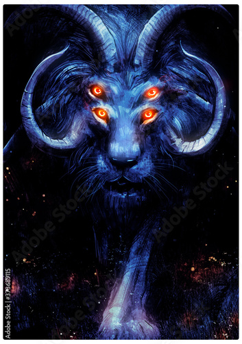 A fantastic lion with four glosses horns, gracefully approaches the viewer looking straight into the frame with its bright orange eyes. 2D illustration