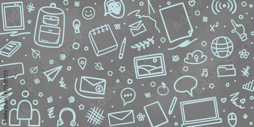 Back to school. Banner design. Background with hand drawn school supplies