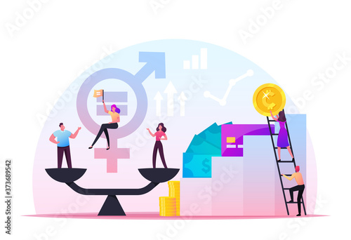 Gender Equality Concept. Businessman and Businesswoman Characters on Scales on the Same Height. Symbol of Equal Pay