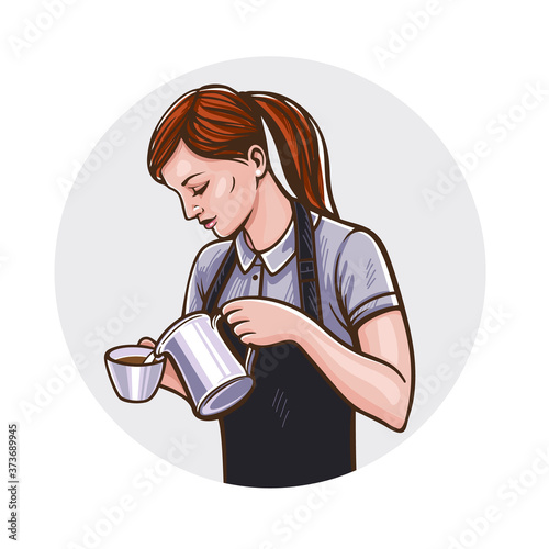 Young barista woman. Vector illustration. Woman in a coffee bar. Coffee concept. Restaurant concept.