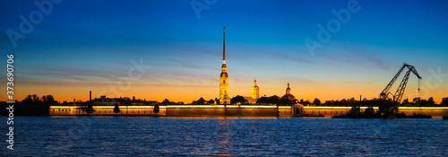 Peter and Paul Cathedral in Peter and Paul Fortress, Saint Petersburg, Russia. Panoramic sunset, skyline