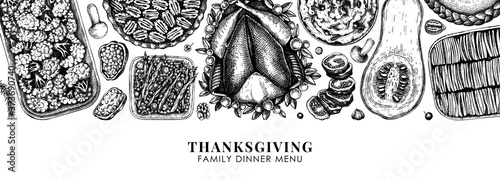 Thanksgiving food banner design. With roasted turkey, cooked vegetables, rolled meat, baking cakes and pies sketches. Vintage autumn food template. Vector Thanksgiving day background.