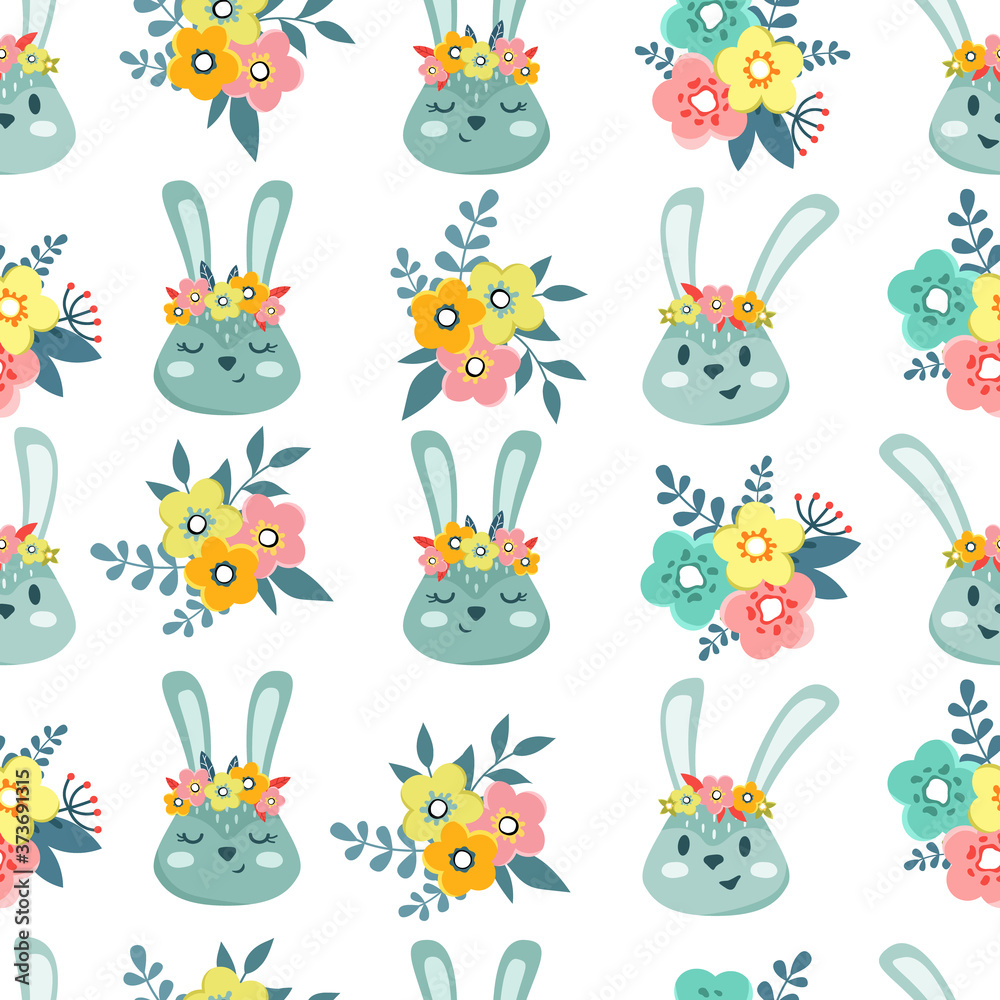 Cute blue rabbits in wreaths with flowers on a white background. Baby textile seamless pattern