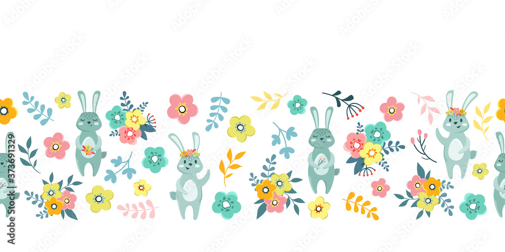 Cute rabbits with floral bouquets and wreaths on a white background. Seamless pattern, border, frame.
