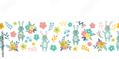 Cute rabbits with floral bouquets and wreaths on a white background. Seamless pattern  border  frame.