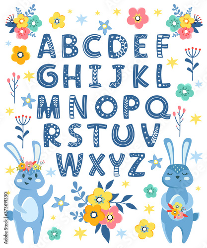 Alphabet poster with cute blue hares and flowers on a white background. Children's illustration, letters and font.