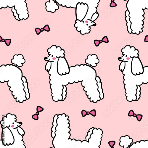 Cute Poodle dog seamless pattern vector illustration. White Poodle dog on pink background