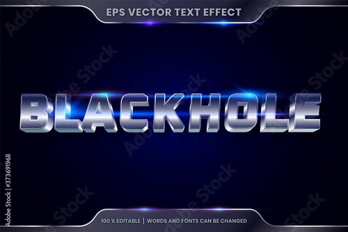 Text effect in 3d Black hole words, font styles theme editable gradient metal silver with blue light concept