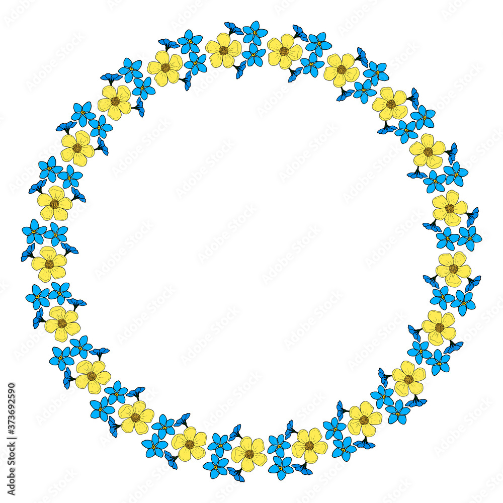 Round frame with buttercups and flowers forget-me-not on white background. Vector image.