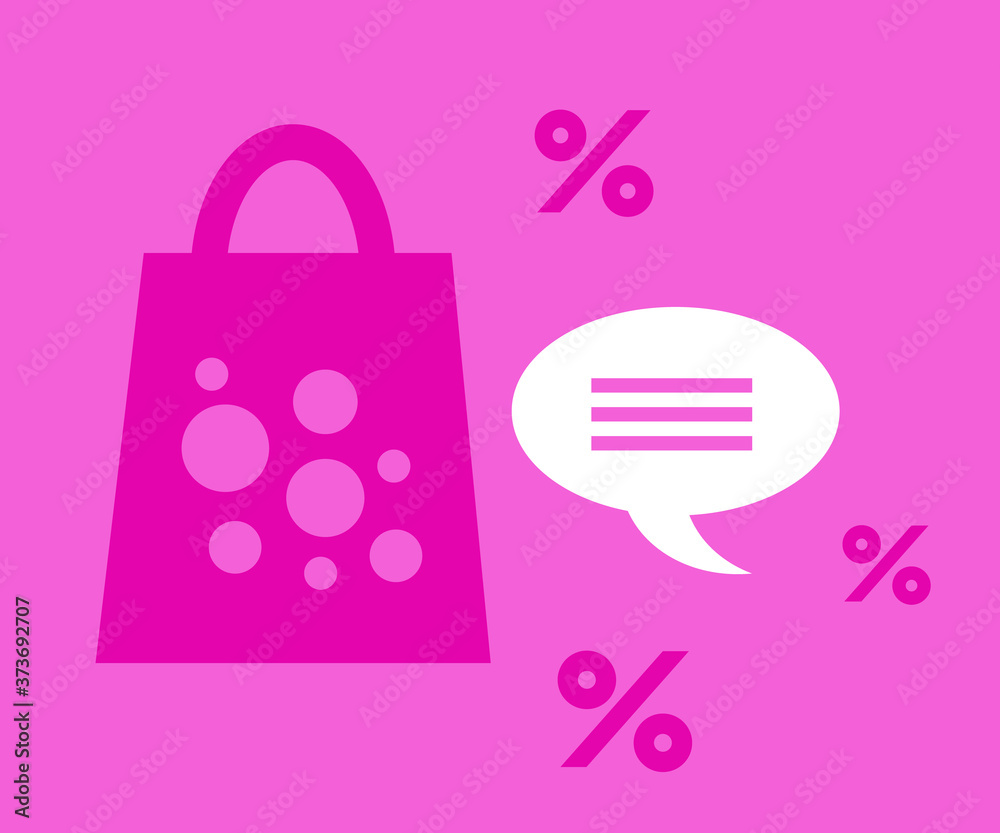 Shopping bag and discounts on a pink background. Symbol. Vector illustration. Shopping bag and discounts on a pink background. Symbol. Vector illustration.