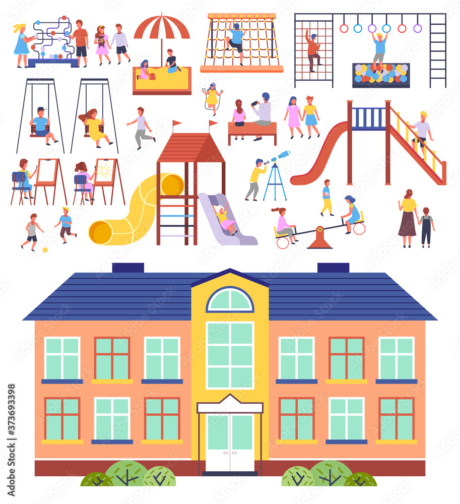 Children s activities. Kids playing at playground, with ball, jumping rope, gymnastics, sandbox, logic games, carousel, up-and-down, slide, board games, swing. School building or kindergarten