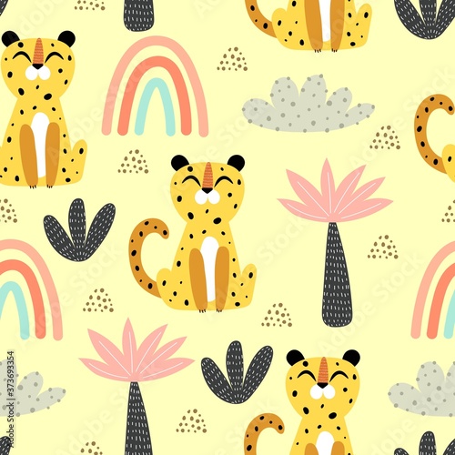 seamless pattern with cartoon leopards, rainbows, palm trees, decor elements. Colorful vector flat style for kids. Animals. hand drawing. baby design for fabric, print, wrapper, textile