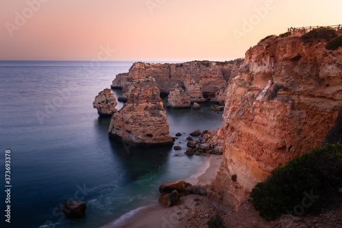 Coves and cliffs at Ponta da Piedade the most famous spot of Algarve region, in Portugal.