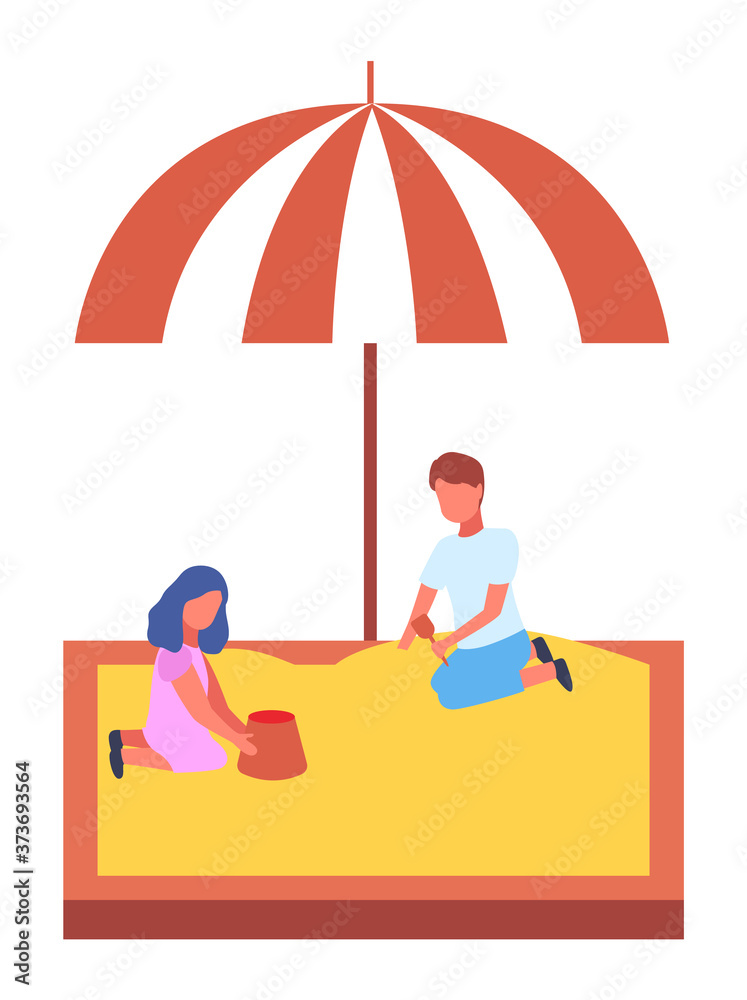 A boy and a girl play in sandbox with colored canopy. Happy kids. Having fun. Outdoor games. Kindergarten or playground. Group of kids playing at the playground. Various children on pleasure ground A boy and a girl play in sandbox with colored canopy. Happy kids. Having fun. Outdoor games. Kindergarten or playground. Group of kids playing at the playground. Various children on pleasure ground