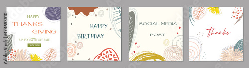 Trendy abstract square art templates with floral and geometric elements.