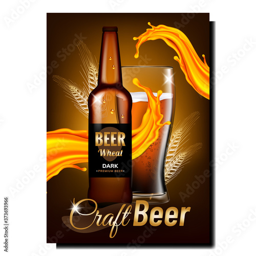 Beer Dark Alcohol Beverage Promo Poster Vector. Tasty Beer Blank Bottle And Glass Mug, Drink Splash And Barley Ears Advertise Marketing Banner. Colored Concept Template Illustration