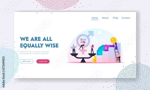 Gender Equality Landing Page Template. Business Worker Characters on Scales on the Same Height. Symbol of Equal Pay