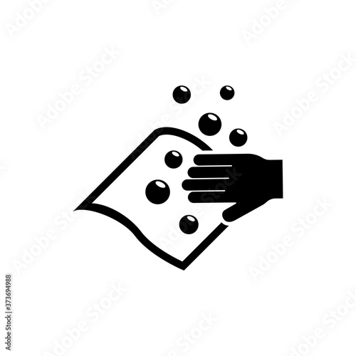 Hand Wiping with Cloth, Wet Wipe and bubble. Flat Vector Icon illustration. Simple black symbol on white background. Hand Wiping with Cloth Wet Wipe sign design template for web and mobile UI element.
