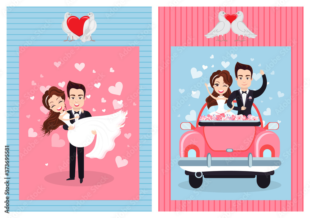 Newlywed couple on wedding day vector, man and woman bride and groom celebrating special event, people in love driving car. Doves with hearts set Newlywed couple on wedding day vector, man and woman bride and groom celebrating special event, people in love driving car. Doves with hearts set