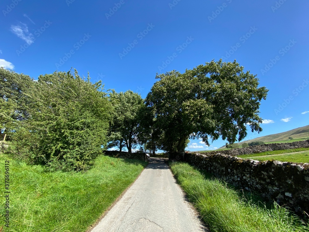 Country lane, leading to an old church, with long grass, dry stone walls, and trees in, Rylstone, Skipton, UK