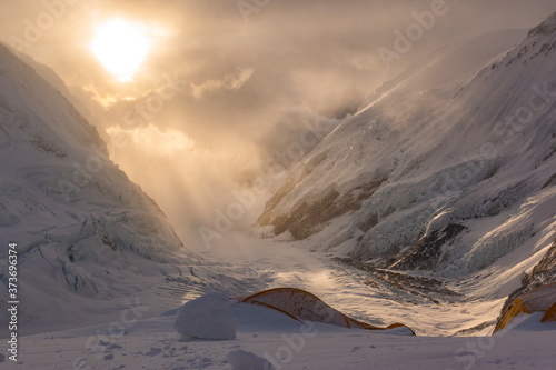 Beautiful alpenglow before sunset, looking back to camp2 at left right corner