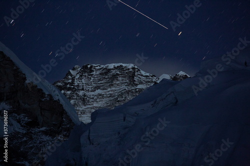 8516m MT. Lhotse and the beautiful night sky with a meteor