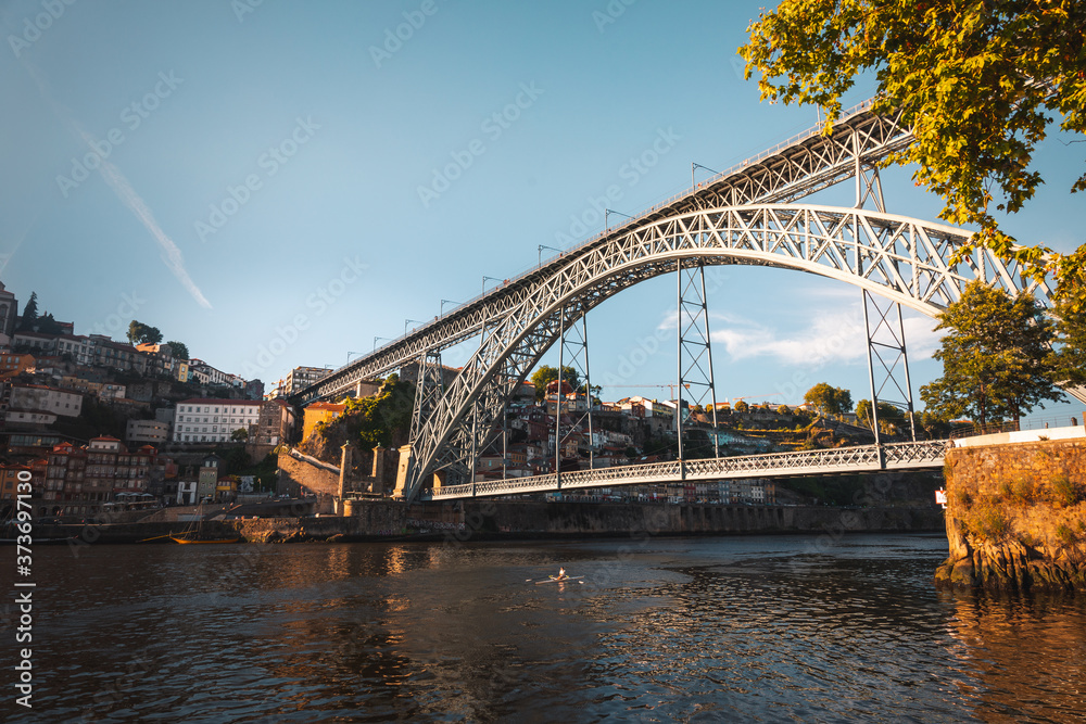 Fototapeta premium Look at Porto with Douro river and famous bridge of Luis I, Portugal.