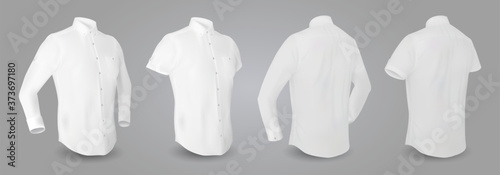 White male shirt with long and short sleeves and buttons in front, back and side view, isolated on a gray background. 3D realistic vector illustration, pattern formal or casual shirt