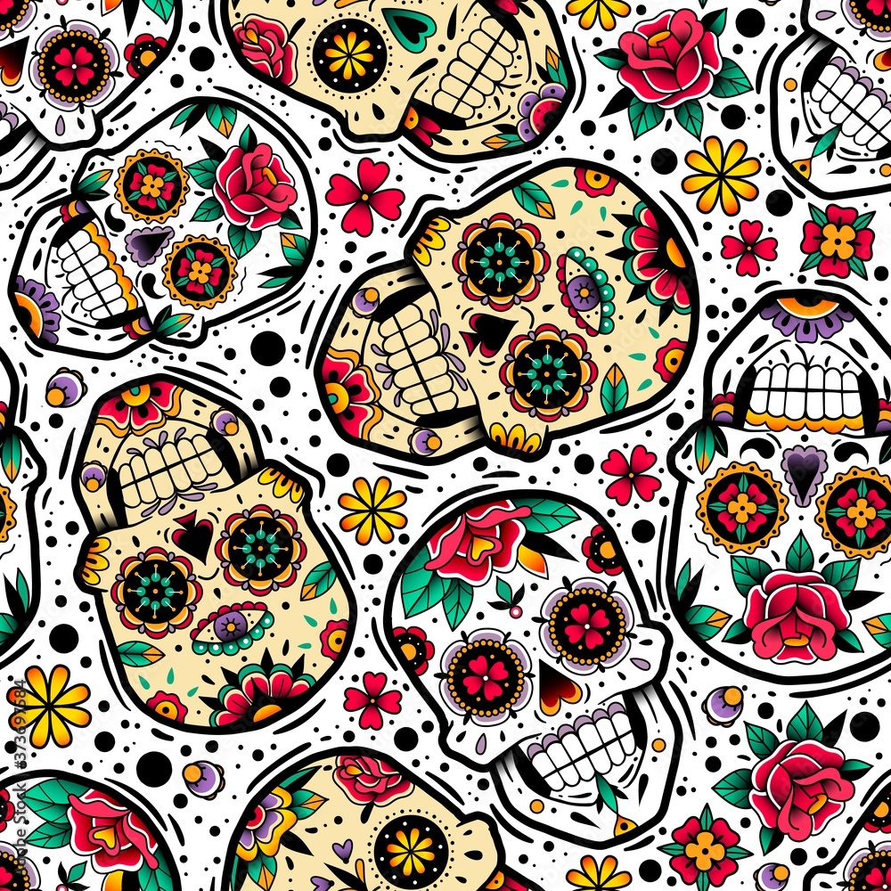 Mexican skulls seamless pattern
