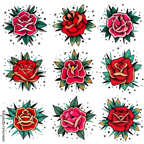 old school tattoo roses set