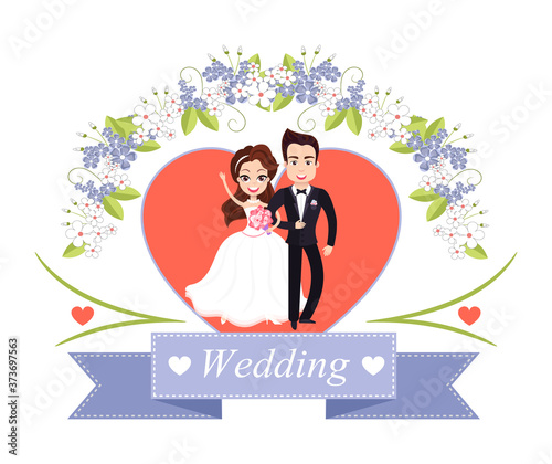 Wedding holiday card or invitation decorated by flowers, groom holding bride, couple standing in heart, smiling newlyweds characters, romantic day vector
