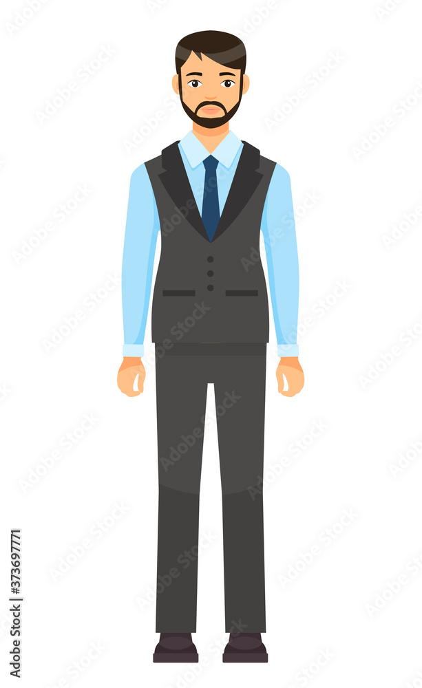 Isolated cartoon character bearded businessman wearing stylish coat, vest and trousers, blue tie. Man in blue shirt. Business person style. Dresscode of office worker. Brown-haired guy with mustache