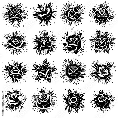 black white old school tattoo roses set