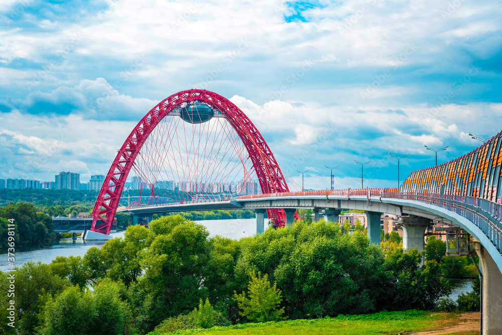 Red suspended bridge construction in Moscow. Red suspended bridge construction in Moscow.
