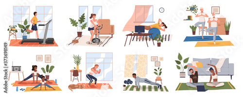Sport exercise at home scenes set. Different people doing workout indoor. Yoga and fitness, healthy lifestyle. Flat vector illustration men and women using house as a gym lead an active lifestyle