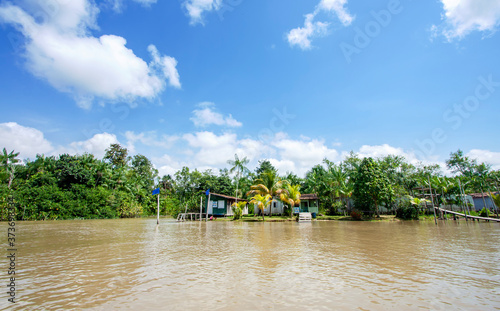 Casas de madeira de comunidade ribeirinha em beira de rio da floresta amazônica, na ilha do Combú, em Belém do Pará.