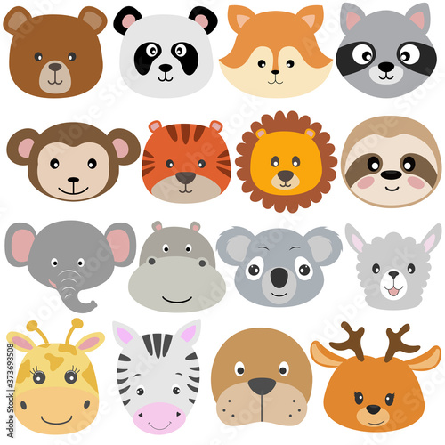 Cute cartoon animals bear,koala, fox, raccoon, monkey, lion, sloth, elephant, llama, dear flat style