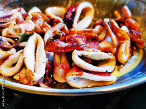 Thai food fried Oegopsida on a plate photo