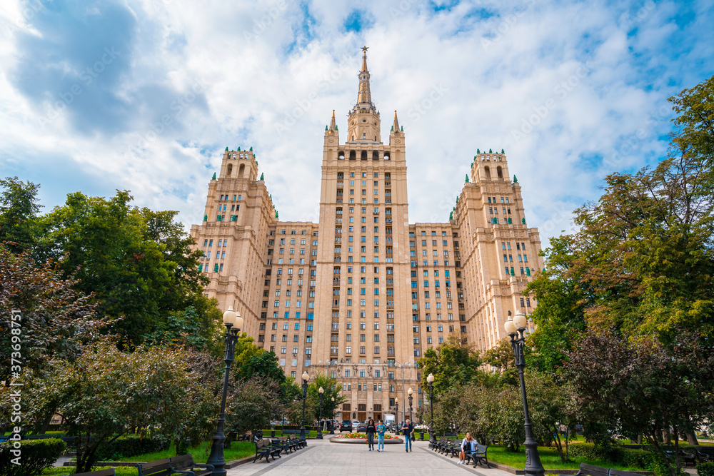 Old high-rise building in the center of Moscow, panorama of the city street in summer