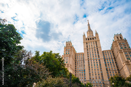 Old high-rise building in the center of Moscow, panorama of the city street in summer