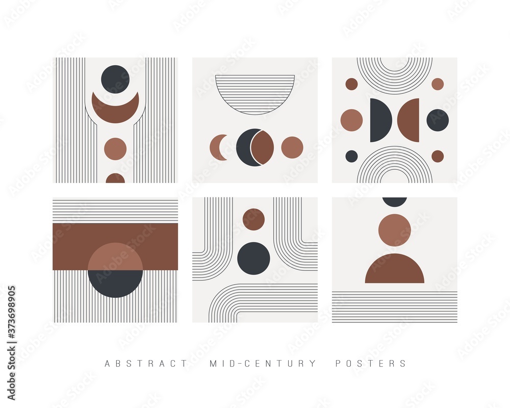 Set of six Vector Abstract Backgrounds. Circles, Lines, Curves. Geometrical Design, line art. Minimalistic boho elegant concept. Square Patterns are isolated on white. Pastel colors. Poster templates