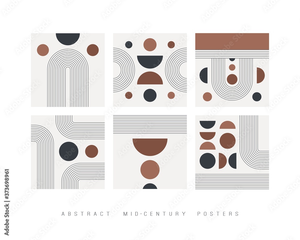 Set of six Vector Abstract Backgrounds. Mid-century style. Geometrical Design, line art. Minimalistic boho elegant concept. Square Patterns are isolated on white. Pastel colors. Poster templates