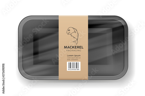 Packaging mackerel fish label black foam tray wrapped plastic, design on gray background, Eps 10 vector illustration