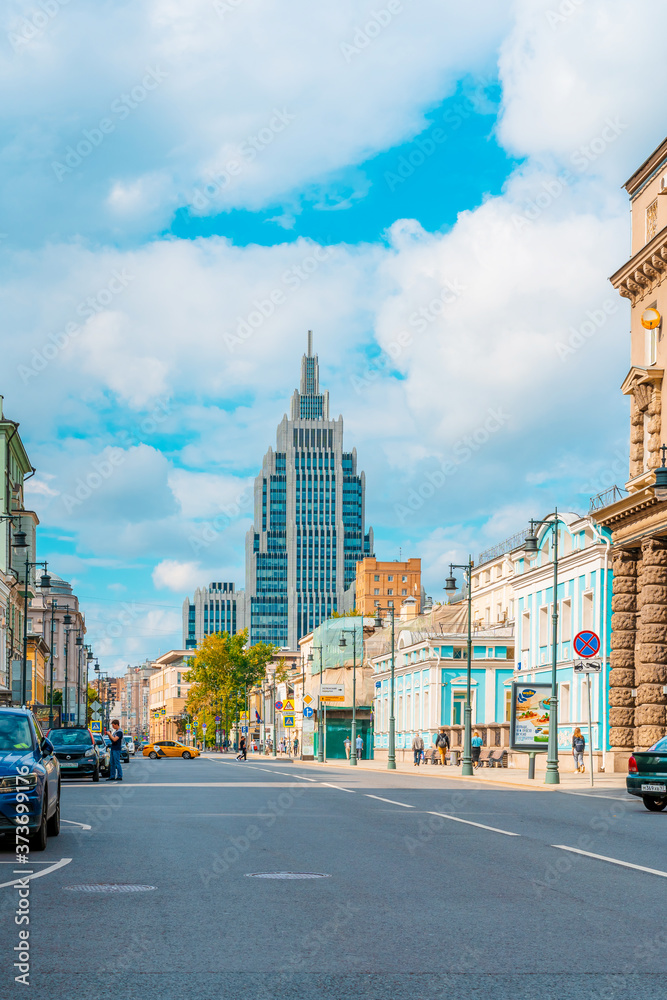 Moscow / Russia - 16 Aug 2020: Panoramic view of Moskovskaya street with a view of the high-rise business center Moscow / Russia - 16 Aug 2020: Panoramic view of Moskovskaya street with a view of the high-rise business center