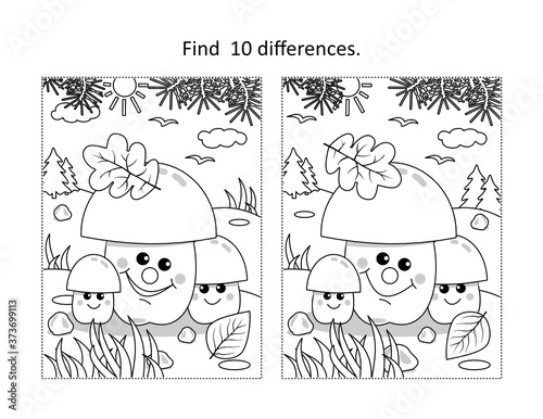 Find 10 differences visual puzzle  and coloring page with three mushrooms in autumn
