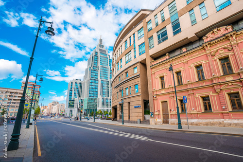 Moscow / Russia - 16 Aug 2020: Panoramic view of Moskovskaya street with a view of the high-rise business center "Armory" © KseniaJoyg