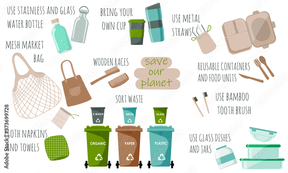 Zero waste concept. Set of various eco objects. Eco lifestyle.Reusable products. Flat vector. Waste sorting  Ecology and recycling concept.