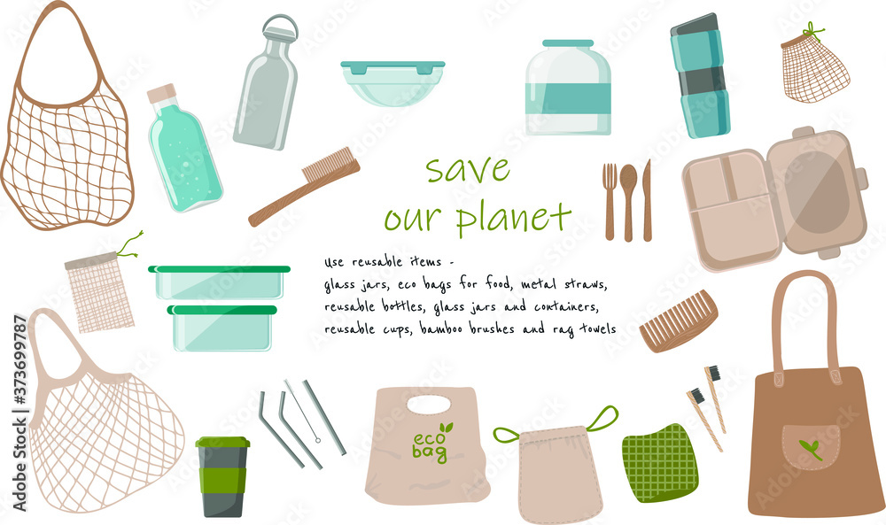 The Zero Waste collection of durable and reusable products or products - glass jars, bags for eco groceries, wooden cutlery, metal straws, comb, toothbrush, thermo mug. Flat vector illustration. The Zero Waste collection of durable and reusable products or products - glass jars, bags for eco groceries, wooden cutlery, metal straws, comb, toothbrush, thermo mug. Flat vector illustration.