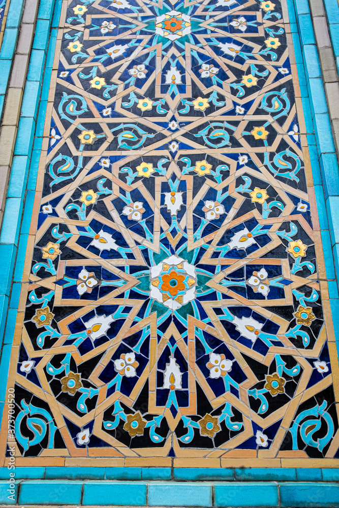 Muslim ornaments at the Blue Mosque in Saint Petersburg, Russia. Traditional Geometric islamic blue mosaic patterns. Close Up photo